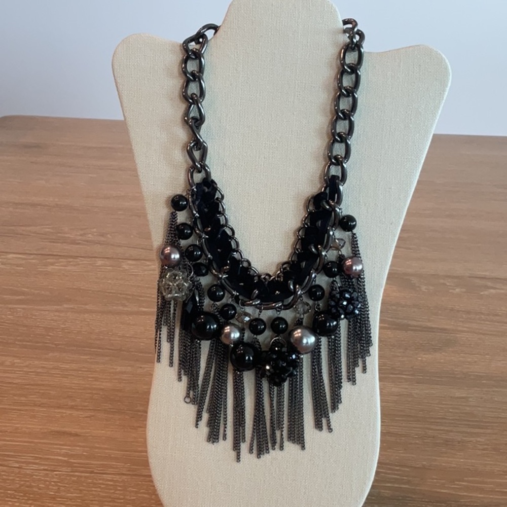 Elegant Black Statement Beaded Necklace Choker Deco Style